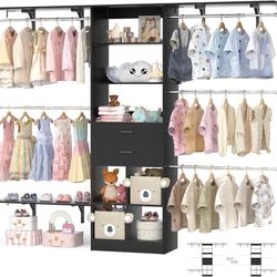 Closet Organizer - 4.75-8FT Wooden Drawer & Cube Storage, Up To 96" Closet System with Cuttable Shelvings, Black  Color Black Material Engin