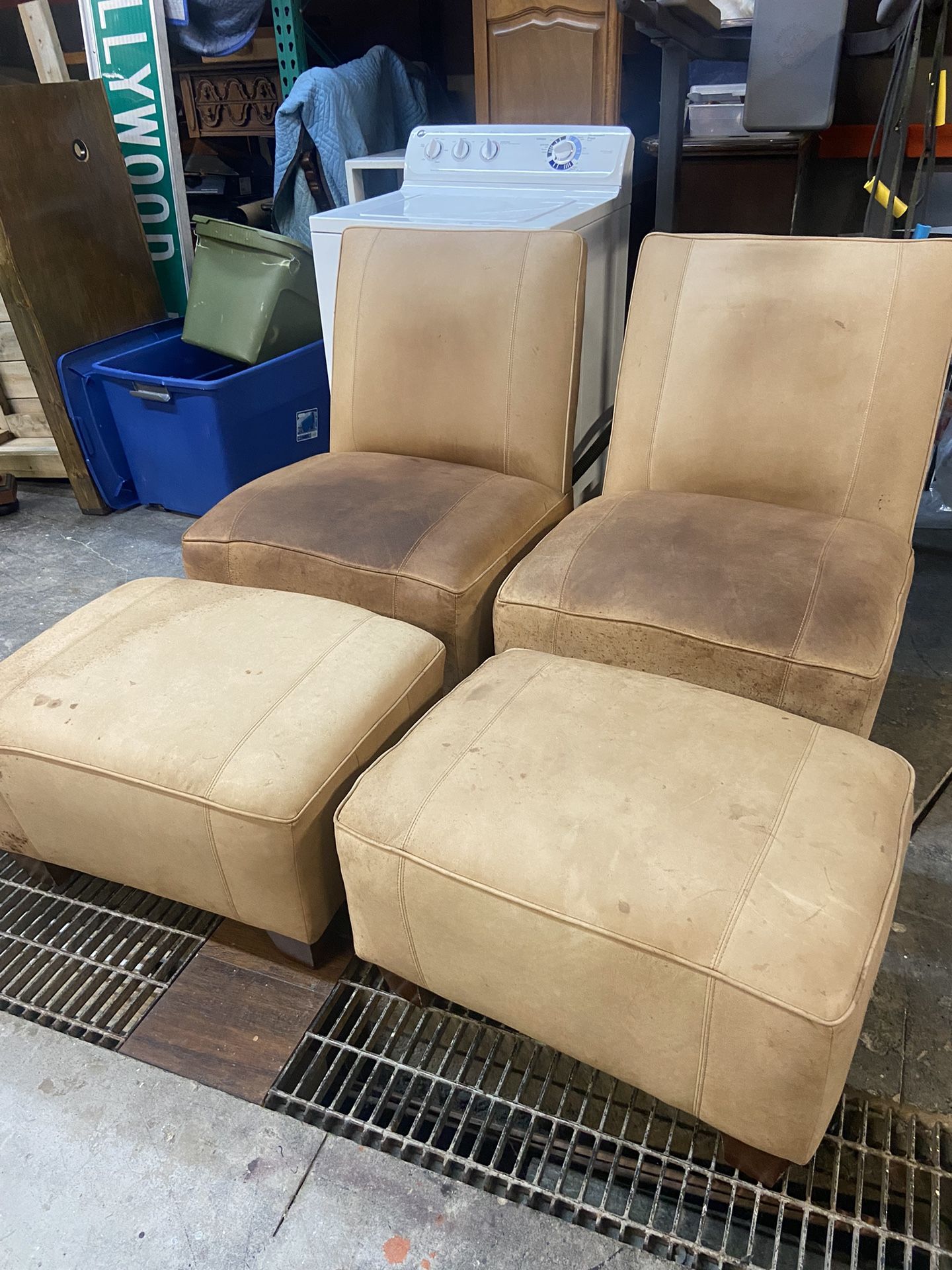 Pair Of Tan Leather Chairs With Ottomans