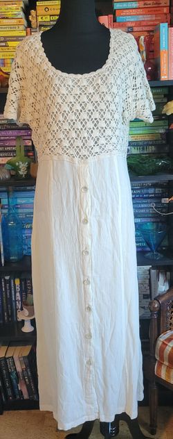 Vintage 90s Mix Nouveau Crochet Top Cream Maxi Button Down Dress Sz 12