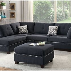 3 PC- SECSIONAL SOFA BLACK NEW IN BOX REVERSIBLE L/ R CHAISE