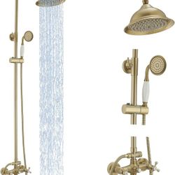Gold Outdoor Shower Faucet, Exposed Pipe Shower, Bathroom Shower Faucet, 3 Function High Pressure Rainfall Head & Tub Spout, Double Knobs Cross Handle