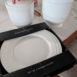 Set Of White Hobnail Dinner Plates  And 2 Ceramic Canister Set With Lids 
