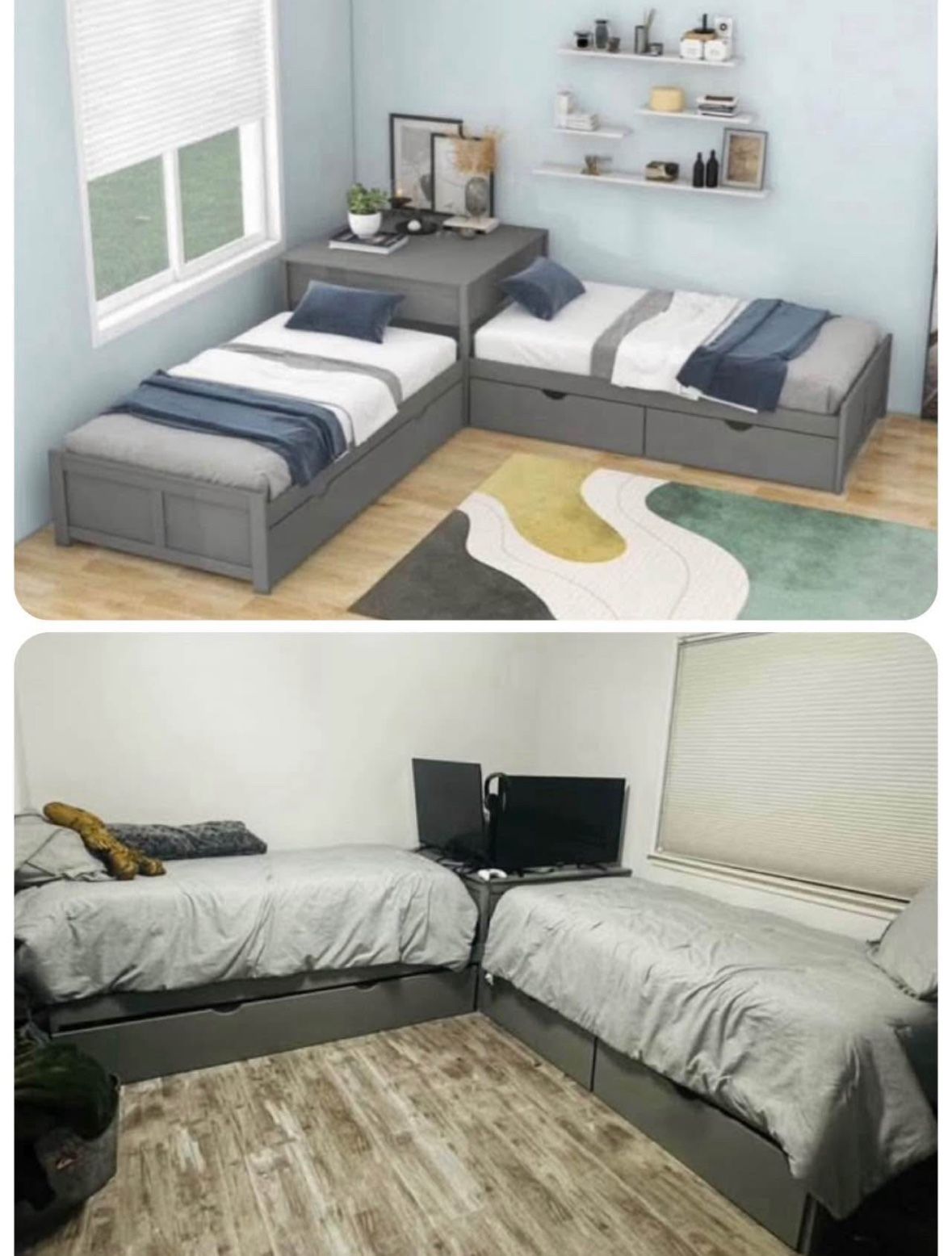 Twin L-Shaped Storage Bed Set – 3 Beds + Drawers + Mattresses – Gray