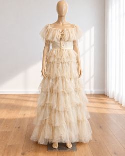 Cream Tiered Tulle Off-Shoulder Gown