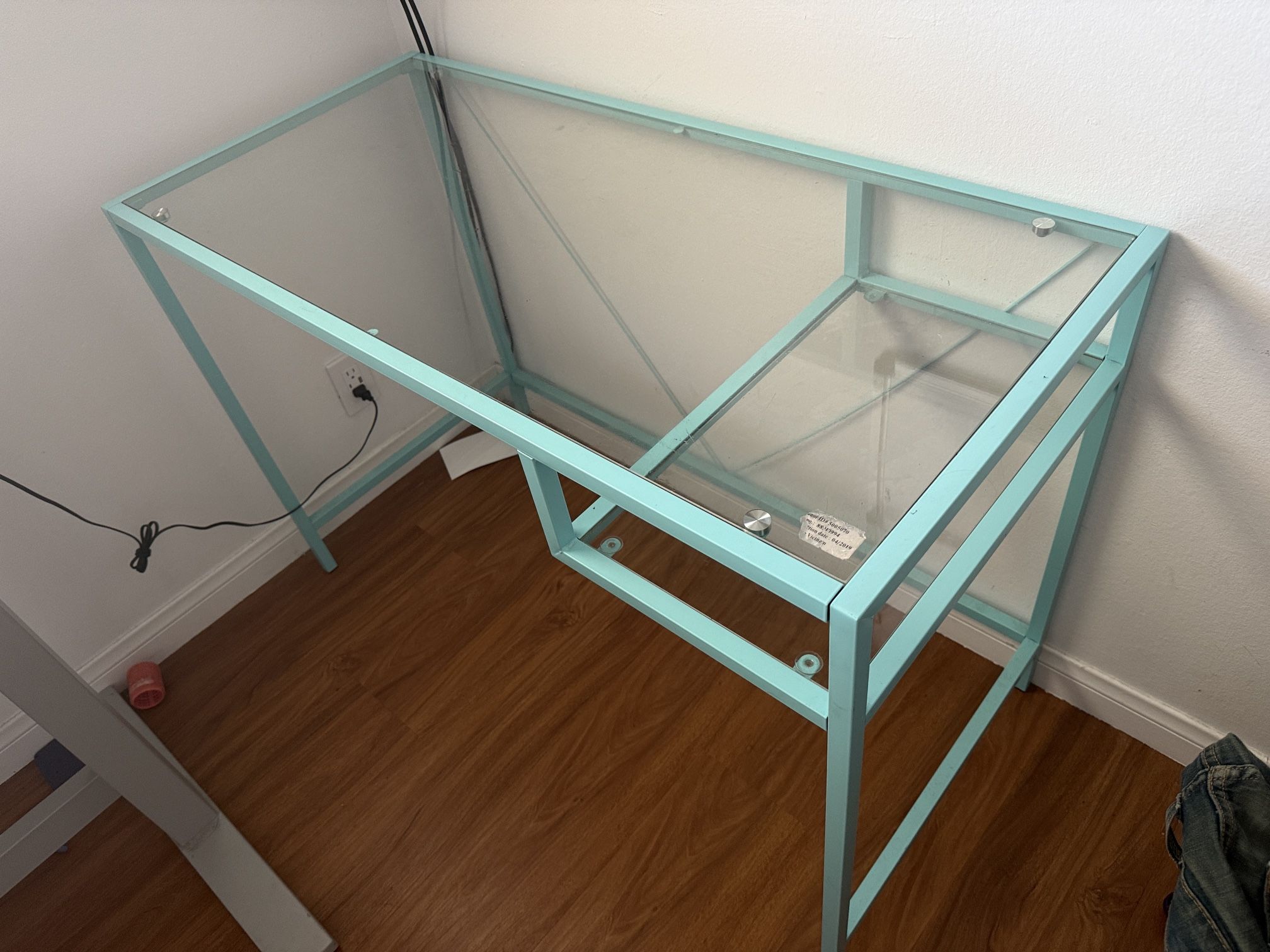 Blue metal Glass Top desk 43.5 X 20.5 X 29.5