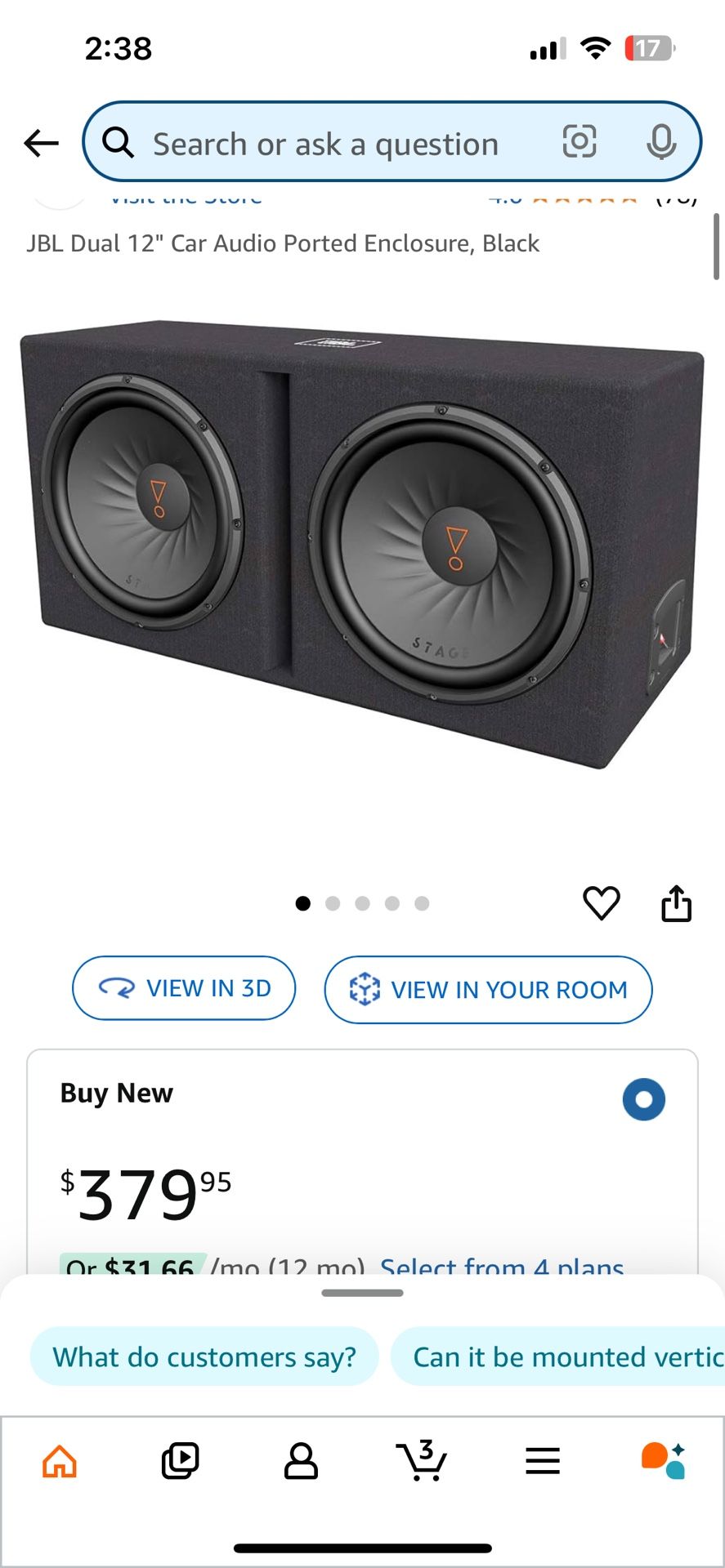 JBL Dual 12" Car Subwoofer Ported Enclosure, Black