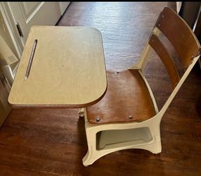 Vintage Child’s School Desk w/ Attached Chair & Storage Cubby