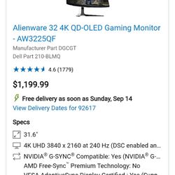 Selling: Alienware 32in 4K QD-OLED Gaming Monitor - AW3225QF