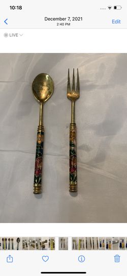 Korea Souvenir Spoon And Fork US Collectible Set Of 2 Floral Enamel Gold Tone 5”