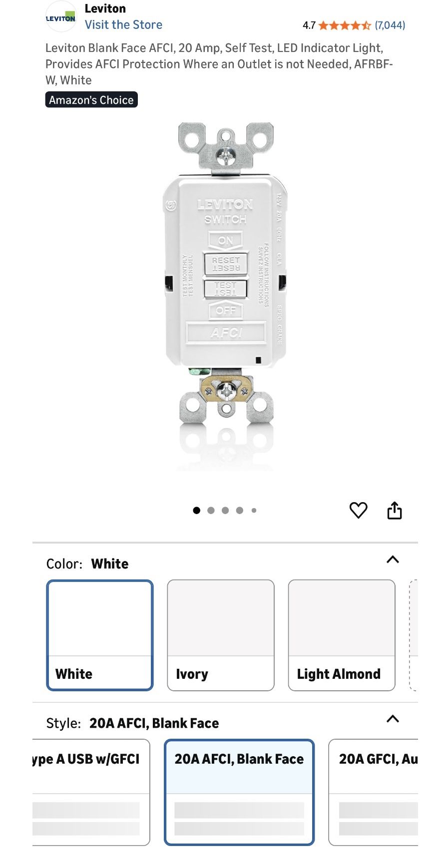 Leviton Blank Face AFCI, 20 Amp, Self Test, LED Indicator Light, Low Of 9