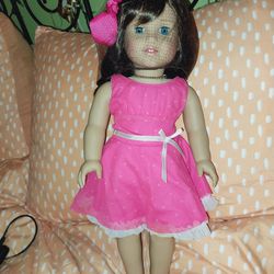 American Girl Doll Brown Hair Blue Eyes, Pink Dress