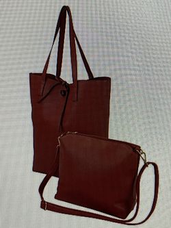 New 2 Pc Tote And Purse Bag Set  Red Faux Leather
