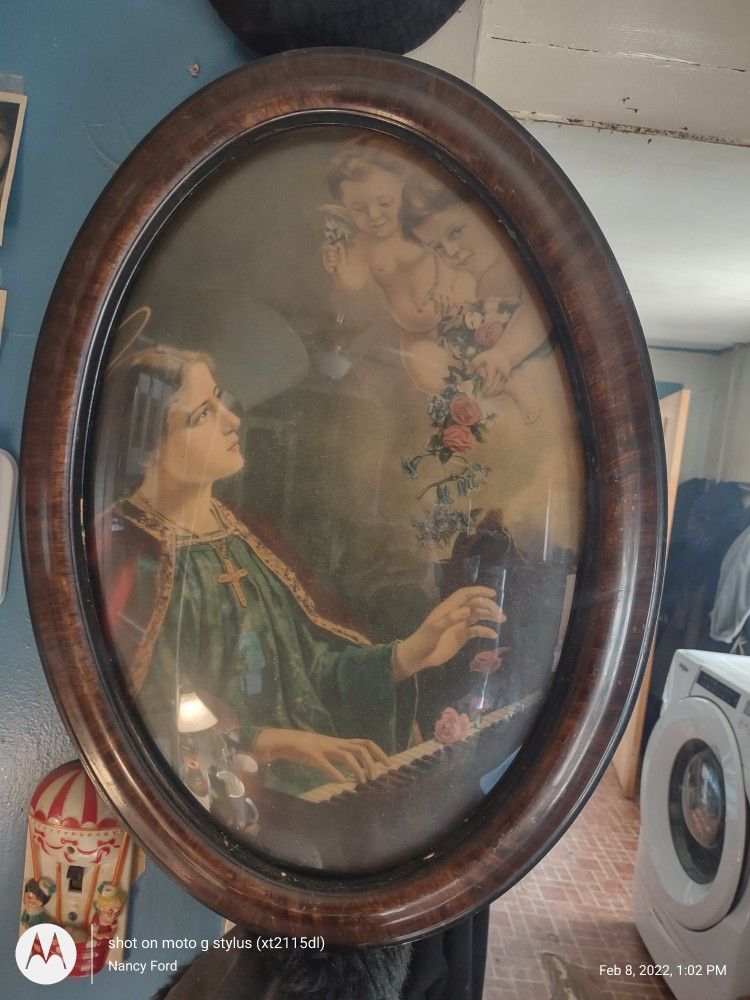 Antique, Rare Gustav Naujok, St. Cecilia Lithograph With Oval Picture Frame