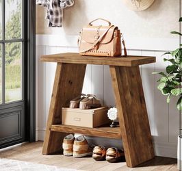 Farmhouse End Tables with 2-Tier Storage Shelf, Rustic Brown Narrow Bedside Nightstand for Small Pla