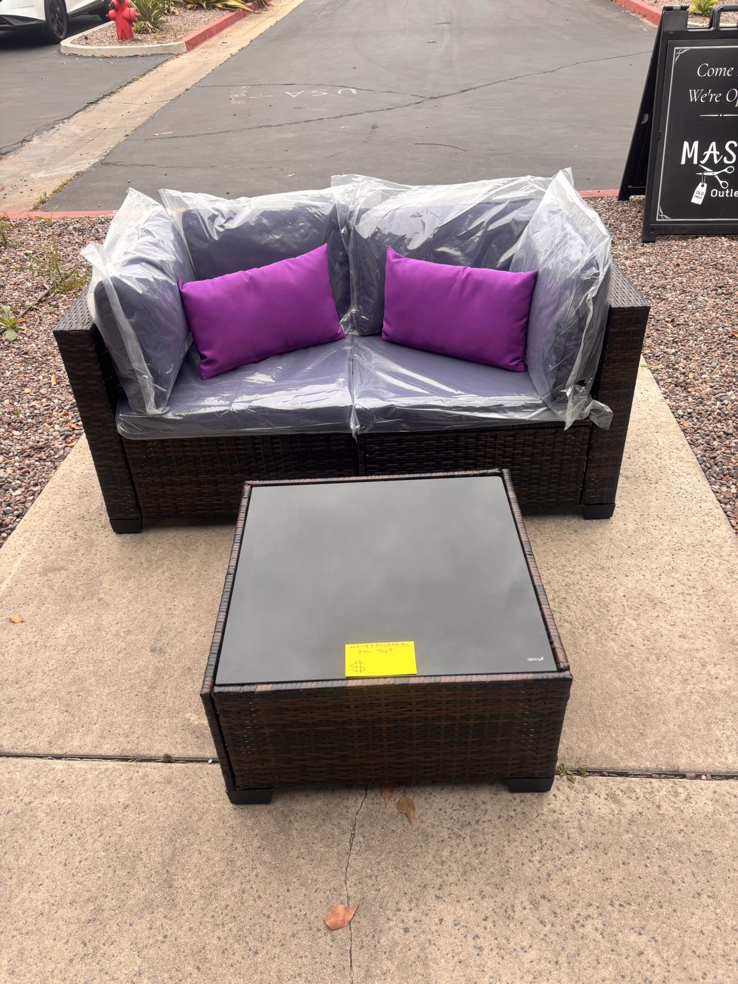 No Assemble Requires- 3 Pcs Outdoor Set Brown Frame With Blue Cushions. 58.5 X 29 X 26