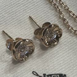 NEW Coach Open Circle Tea Rose Gold Tone Necklace and Tea Rose Stud Earrings Set