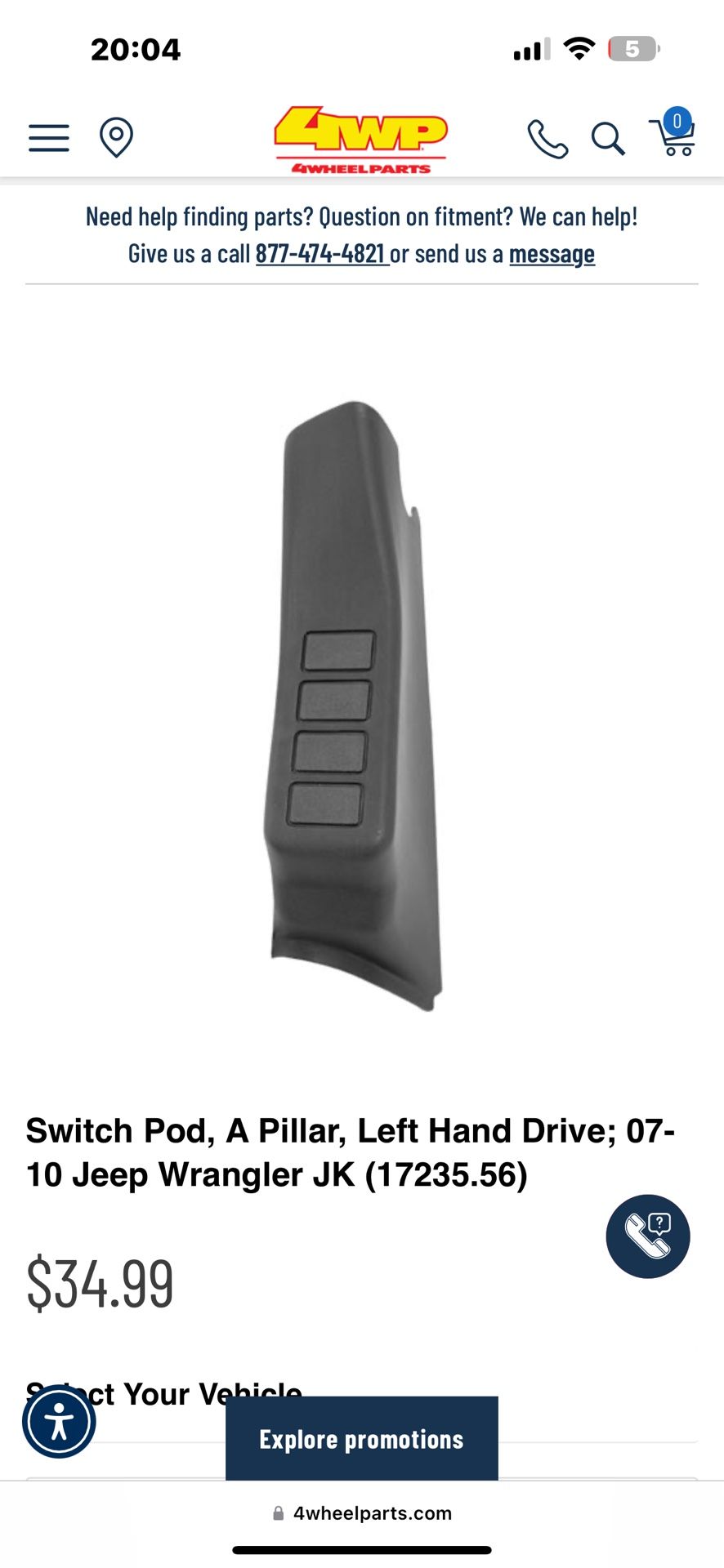 Jeep JKU Driver Side Pillar Light Switch Mount (11-18 Jeep JK)