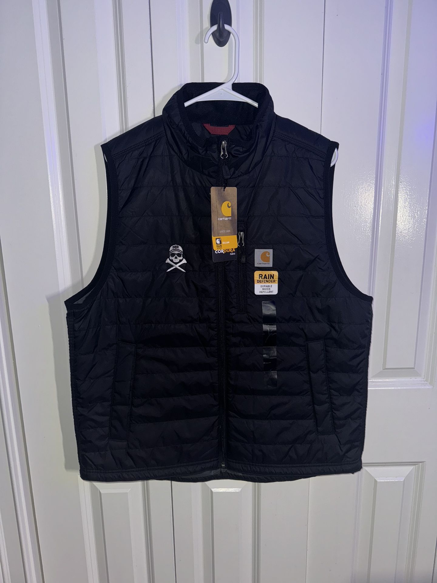 BRAND NEW Carhartt Rain Defender Puffer Vest Black Sz L Custom Skull Embroidery