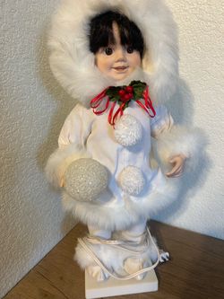 Porcelain Christmas Doll with Fur-Trim Outfit