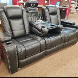 Party Time Midnight LED Power Reclining Sofa with Adjustable Headrest / Couch