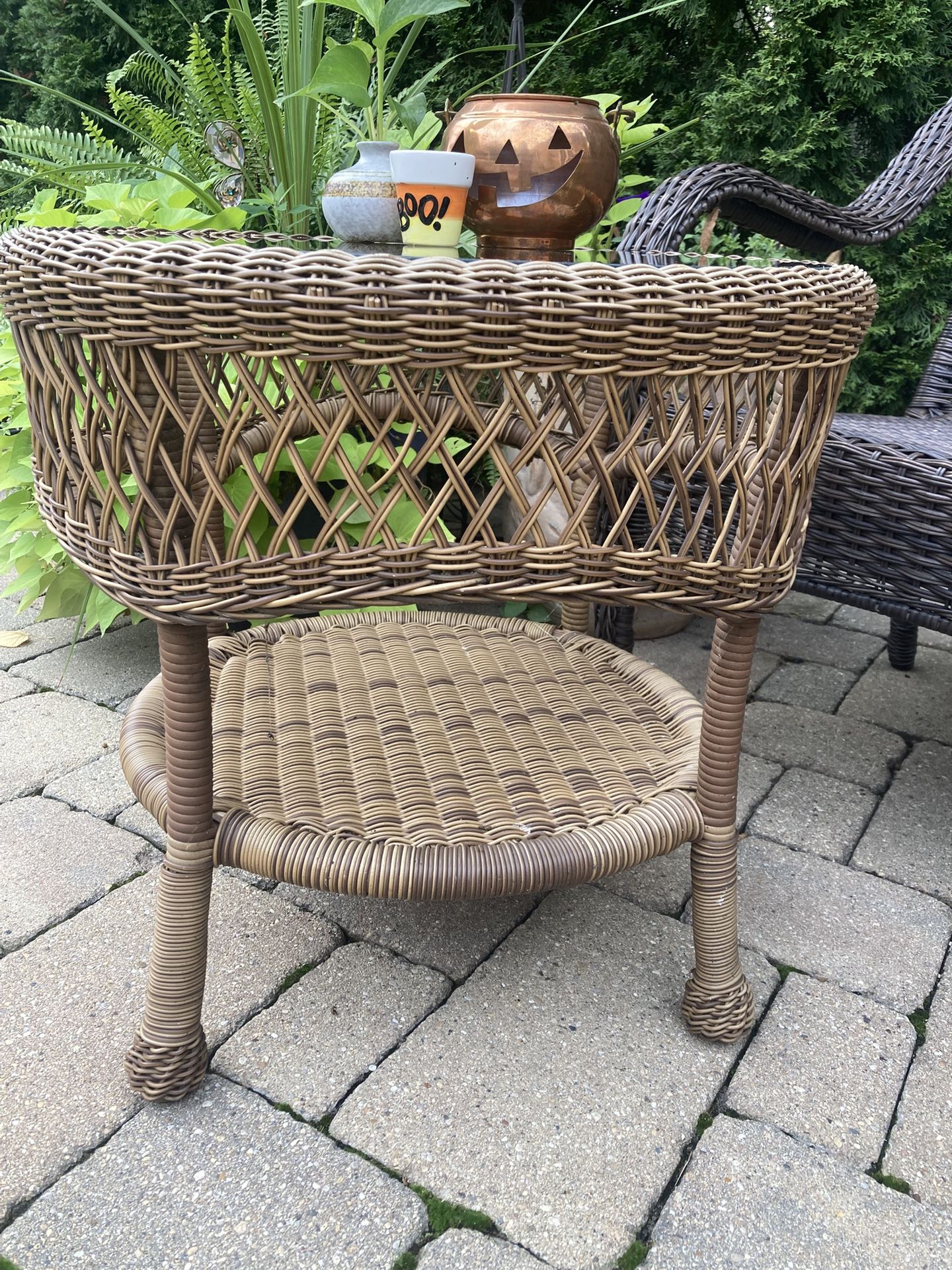 Wicker Table W/glass Top 2- Tier