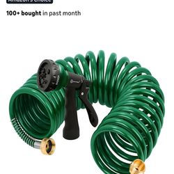 Coil Garden Hose 25 ft, EVA Curly Water Hose with Brass Connectors, Recoil Garden Water Hose,Includes 7-Pattern Function Sprayer,Retractable,Corrosion