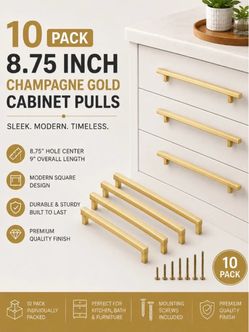 10 Pack Champagne Gold Cabinet Pulls 8.75" Modern Kitchen Drawer Handles