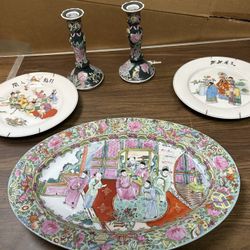 Decorative Platter, 2 plates and 2 candlesticks holders. $30 for all