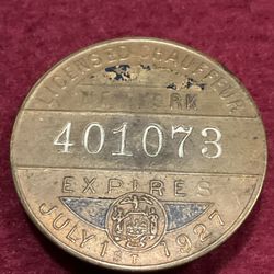 Vintage 1927 New York Chauffeur Badge #401073 Screw Back 36 mm Diameter