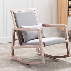 Mid Century Rocking Chair with Wood Frames, Linen Fabric Upholstered Farmhouse Living Room Chair, for Living Room Bedroom, Grey