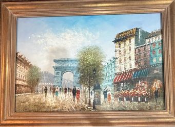 Vintage J. Bardot Original Oil Painting Paris Street Scene Mid Century, Framed Parisian Impressionist Flower Market Impasto Canvas Wall