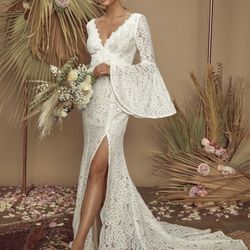 Lulus Duchess Ivory Lace Bell Sleeve Maxi Dress White 