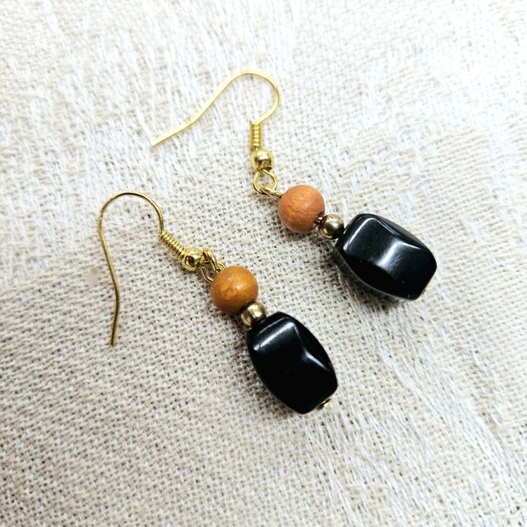 Handmade Burnt Orange Wood Black Onyx Glass Gold Beads Dainty Dangle Earrings