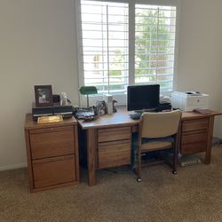 Wooden Oak Desk And File Cabinet And Chair