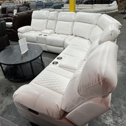 Power Recliner White Sectional With Bluetooth Speaker And LED Light