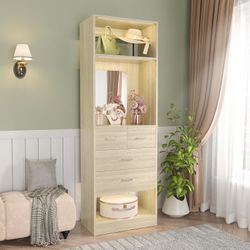 2FT Closet System with 4 Drawers, 25 Inch Wood Closets Organizer with Storage Shelves and Mirror Design, Freestanding Sturdy Walk in Closet Tower for 