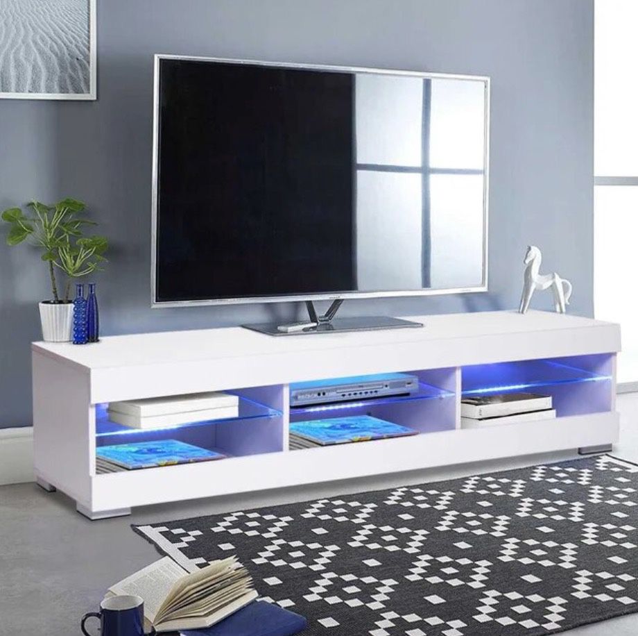 57 Inch Rgb Tv Unit Cabinet With Glass Shelf Remote Control Led Tv Stand