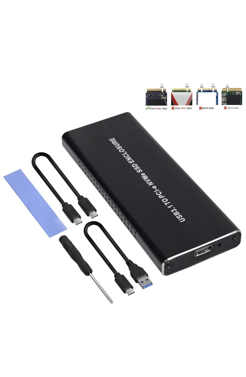 NVMe SSD Enclosure, M Key USB 3.1 Type-C to NVMe M.2 Adapter Reader Enclosure, 10 Gbps USB 3.1 Gen 2 to PCIe Gen 3 x2 Bridge Chip Support PCIe NVMe B