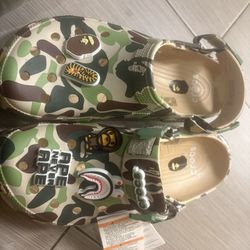 BAPE x Crocs Camo Greenexclusive Brand new Size 9m/11w #BAPE #crocs pink, metallic, cartoon print, chunky, playful, colorful, slide-on, character desi