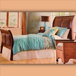 Pier 1 Imports Queen Size "Melia" Sleigh bed. Includes metal base and Box Spring- Boho  / Bohemian Rustic Style 🤎🌾✨️