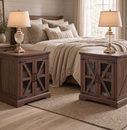 Side Table, 24" Rustic Wood Sofa Side Table with Charging Station, Mesh Barn Door & Adjustable Shelf(Brown)