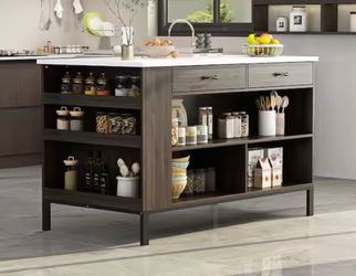 Kitchen Island with bar table seating, shelves, and 2 Drawers.