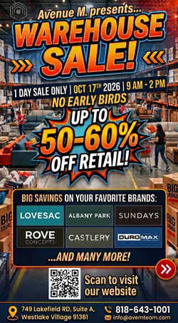 ONE DAY ONLY! AVENUE M WAREHOUSE SALE!