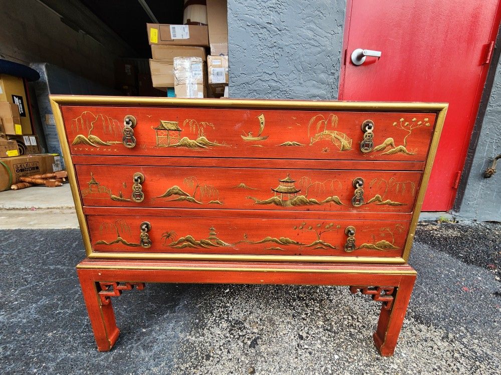 Vintage Red Lacquer Asian Chest w/ Gold-Tone Hand-Painted Detail & Solid Brass/Copper Hardware 