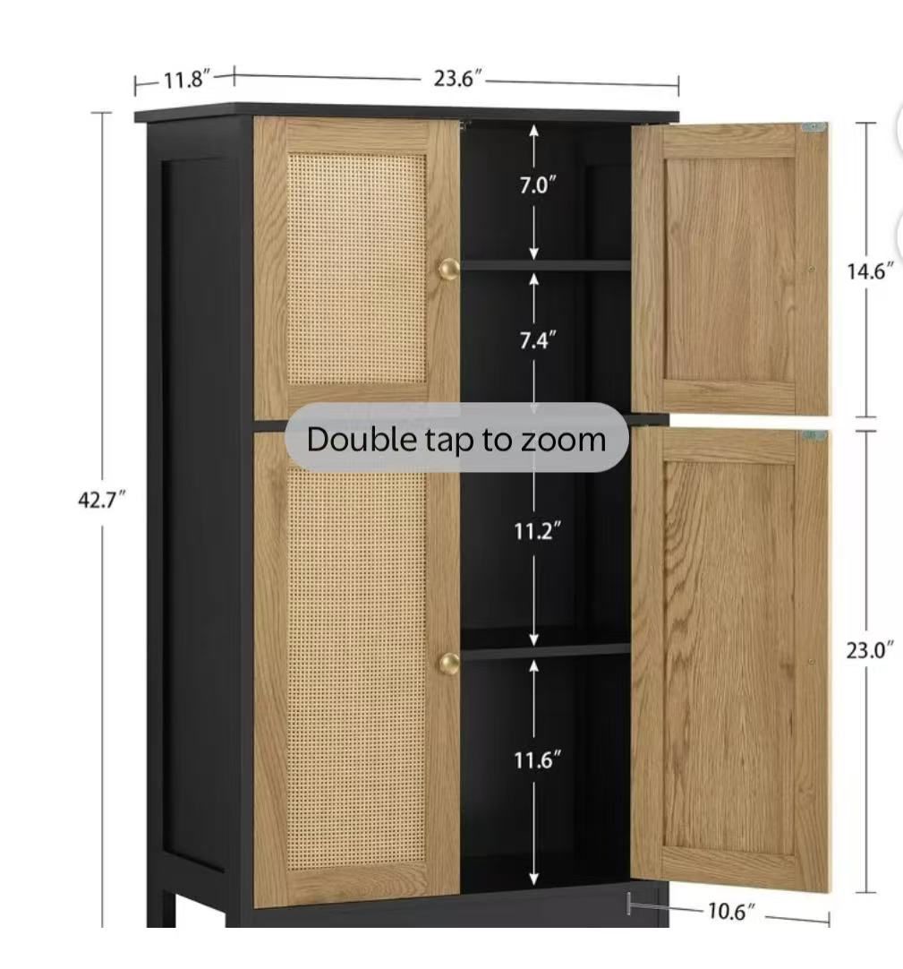 🥨Storage Cabinet, Rattan Cabinet with 4 Rattan Doors & Adjustable Shelf, Bathroom Floor Cabinet for Living Room, Entryway, Home Office,Black&Natural