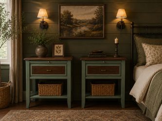 Modern nightstands| sage green | walnut wood top | refinished pair