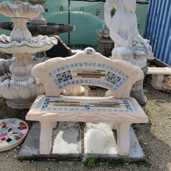 Concrete Bench With Back / Cement Mosaic Backyard Patio Benches / Outdoor Patio Furniture