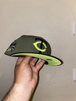 Two-Tone Olive and Black Minnesota Twins Fitted Hat Highlighter Yellow UV 1985 All-Star Game Sidepatch 