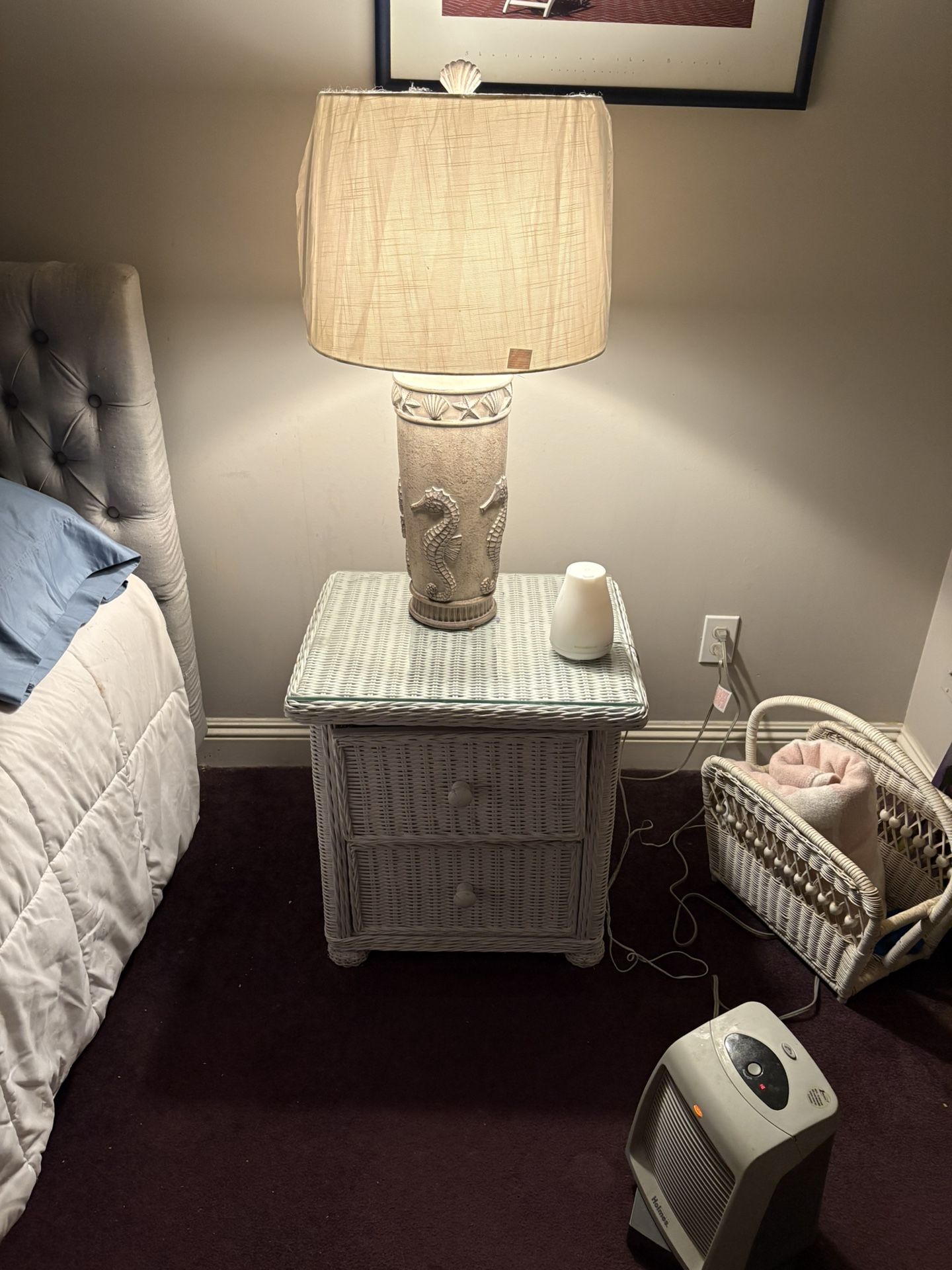Wicker Bedside Table 2 Drawer Lamp