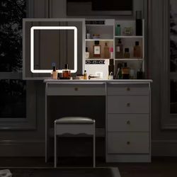 Vanity Desk with Mirror and Lights, Vanity Table Makeup Vanity with 5 Drawers, Glass Desktop, Touch Screen Light & Stool, Dressing Makeup Table Set fo